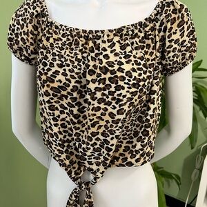 Ambiance Leopard Print Off-Shoulder Tie Front Crop Top Size M